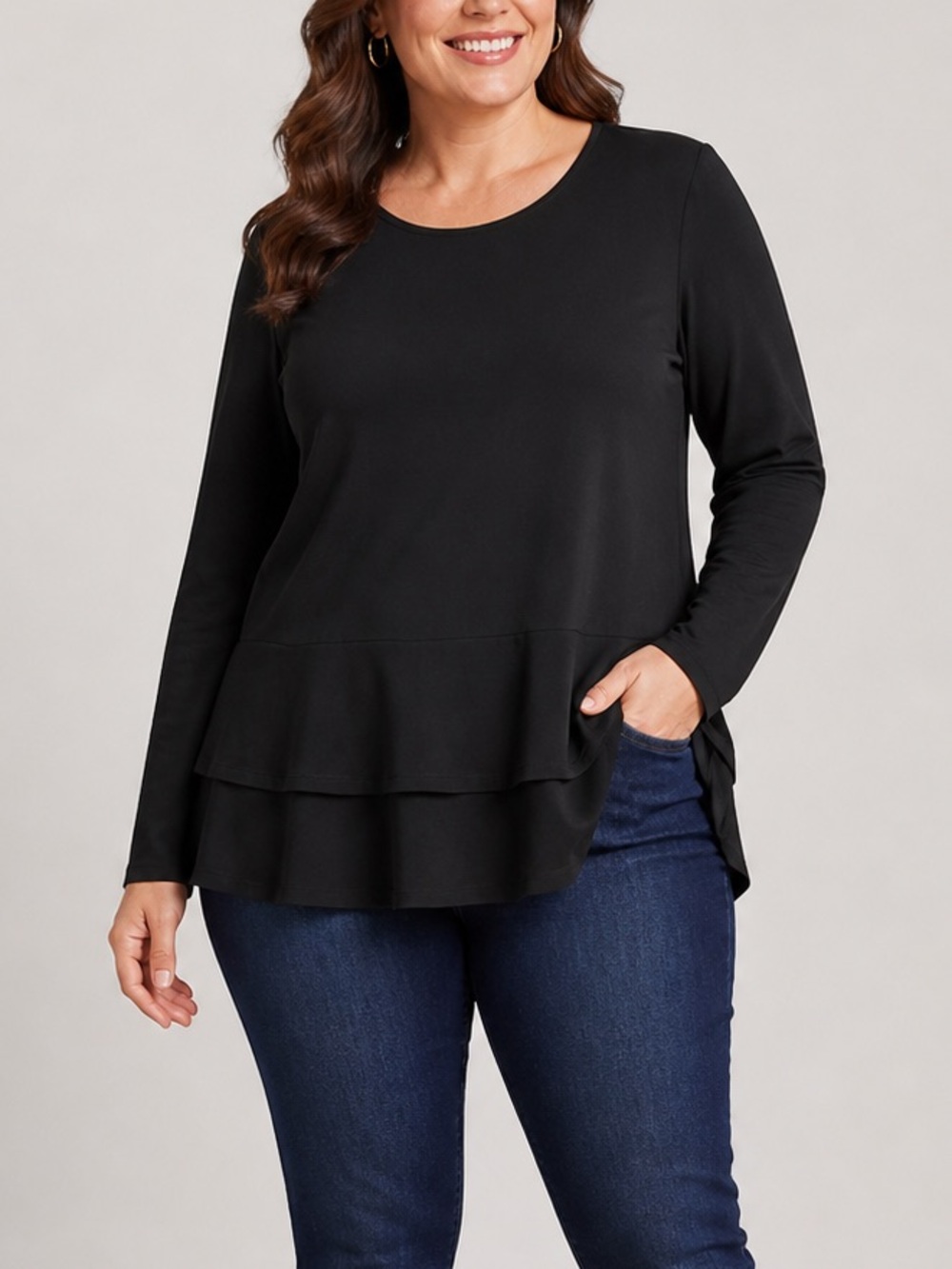 Susan Graver Black Tunic Top Medium Stretch Knit Tiered Hem Long Sleeve Classic